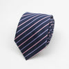 A navy blue necktie with thin pink diagonal stripes and a textured knot.