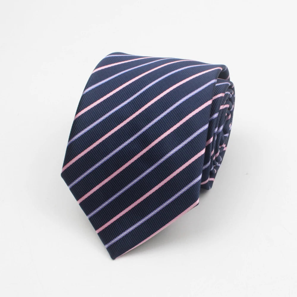 A navy blue necktie with thin pink diagonal stripes and a textured knot.