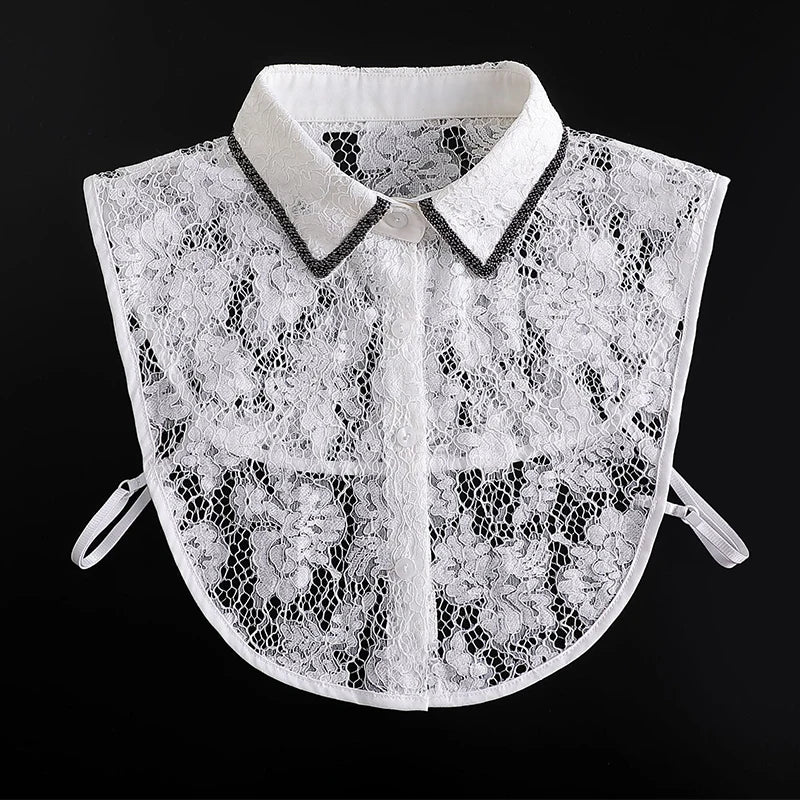 White lace blouse with a false collar and detachable neckline