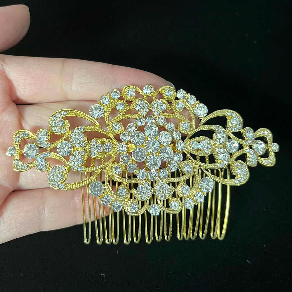 Gold-toned rhinestone bridal hair comb tiara with intricate floral design