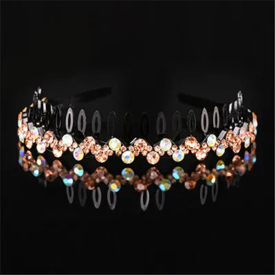 A close-up of a sparkling pearl and rhinestone anti-slip hairband for women displayed against a black background.
