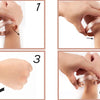 Four steps showing the application and removal of a pure copper magnetic bangle with a plum flower design.