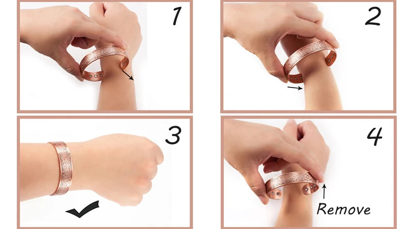 Four steps showing the application and removal of a pure copper magnetic bangle with a plum flower design.