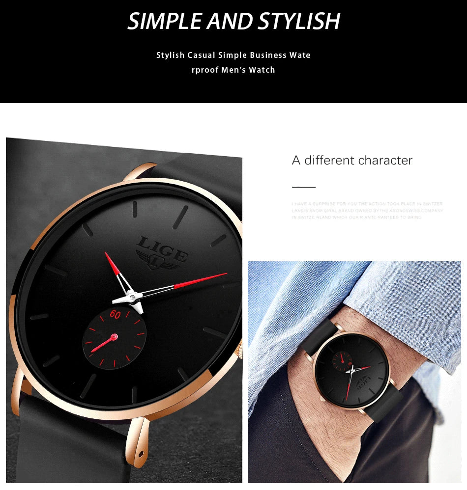 A black LIGE men's watch with a rose gold case and black strap shown on a wrist.