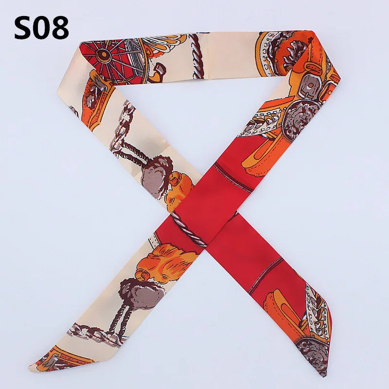 A multi-color leopard print silk headband scarf in a cross shape.