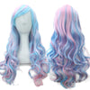 Long wavy synthetic hair wig featuring a rainbow ombre blend of blue, pink, and purple colors.