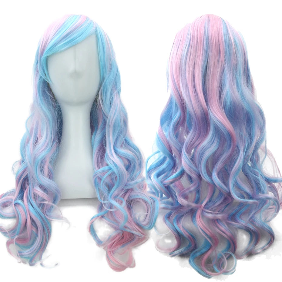 Long wavy synthetic hair wig featuring a rainbow ombre blend of blue, pink, and purple colors.
