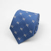 A blue necktie with a subtle pattern of white stripes and dots.