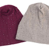 A deep burgundy beanie hat adorned with small silver rhinestones, next to a light gray version.