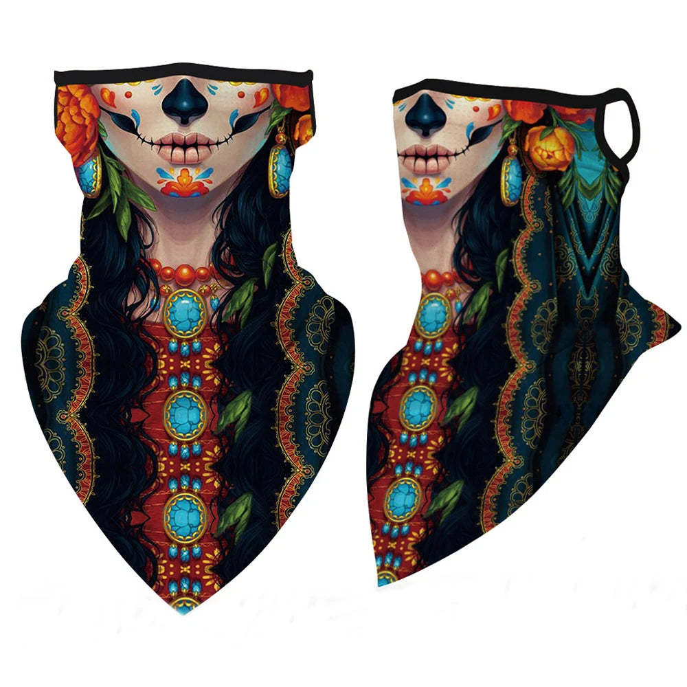 Un par de gaiteros y balaclavas multifuncionales con diseños intrincados, coloridos y decorativos.