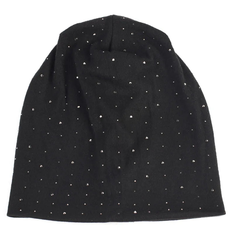 Black beanie hat adorned with small white rhinestones