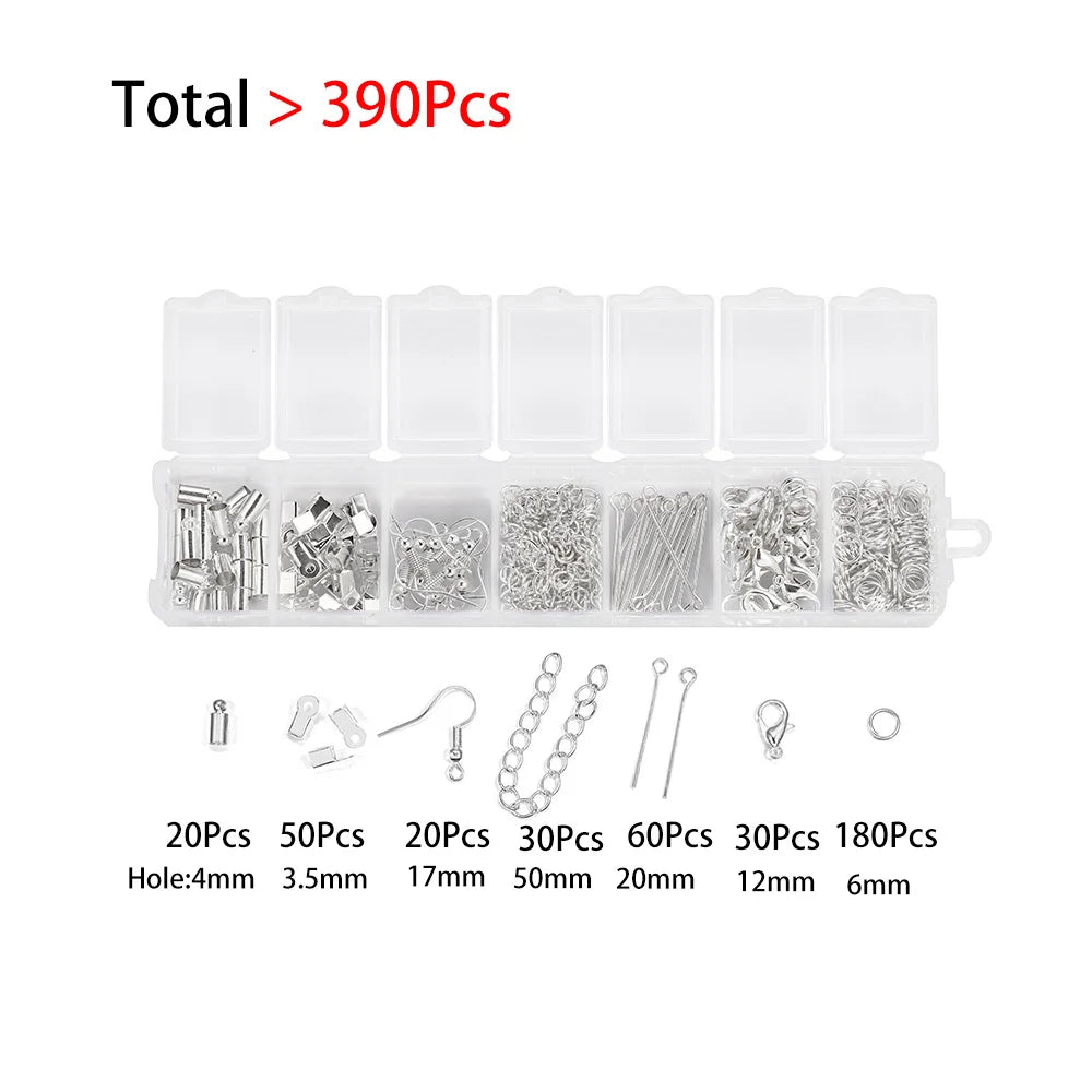 A set of jewelry findings including clasps, hooks, and jump rings in various sizes and quantities.