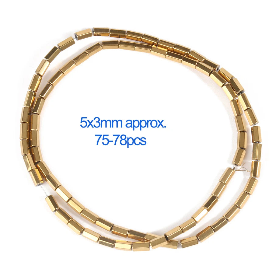 A circular arrangement of gold-plated hematite round cube beads for DIY jewelry.