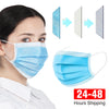 A blue disposable face mask is shown being worn by a woman, with diagrams illustrating its three layers.