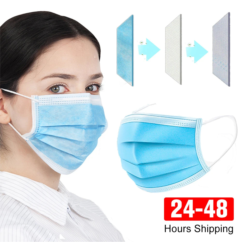A blue disposable face mask is shown being worn by a woman, with diagrams illustrating its three layers.