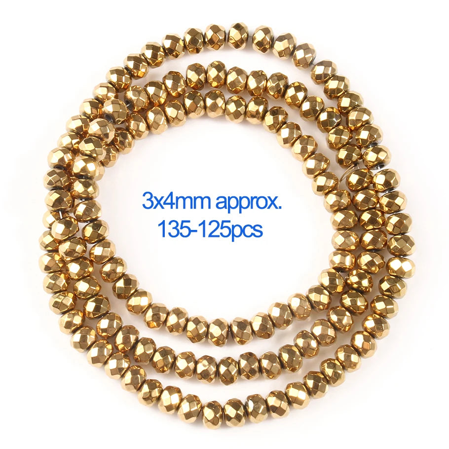 A circular arrangement of small gold-plated hematite round cube beads for DIY jewelry.