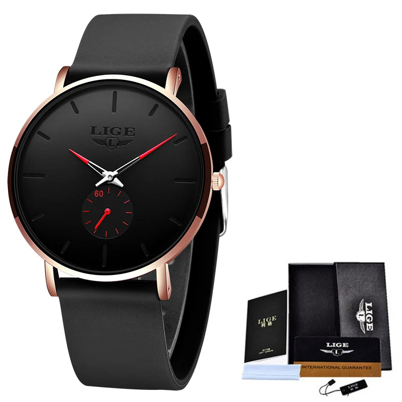 A black LIGE mens quartz sport watch with a rose gold stainless steel case and black strap.