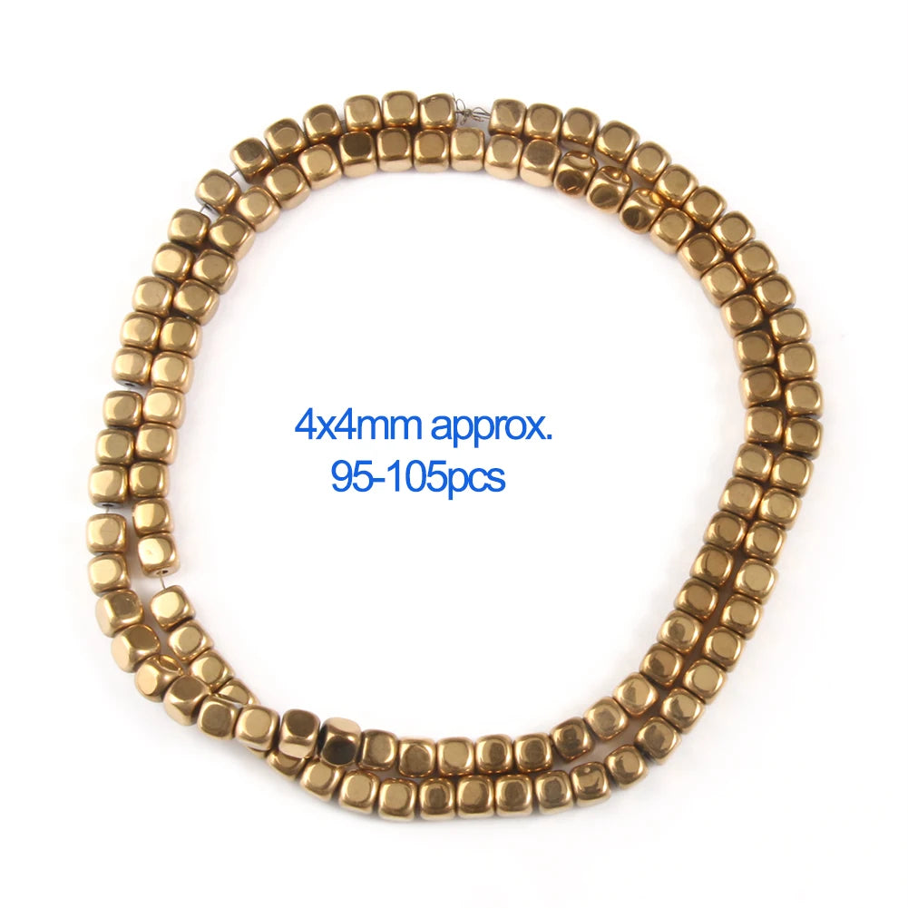 A string of small gold-plated hematite round cube beads for DIY jewelry.