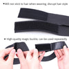 Black adjustable lace wig edge band shown with instructions for non-disruptive hair styling and reusable magic buckle