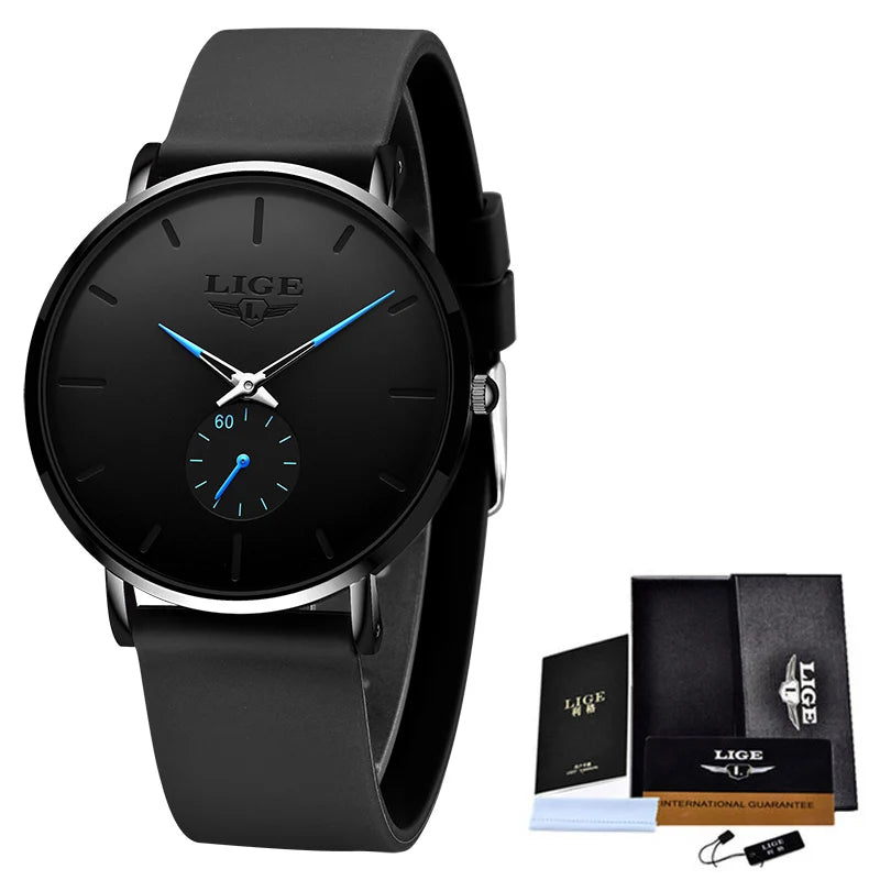 A black LIGE mens quartz sport watch with a stainless steel case and black strap, shown against a white background.