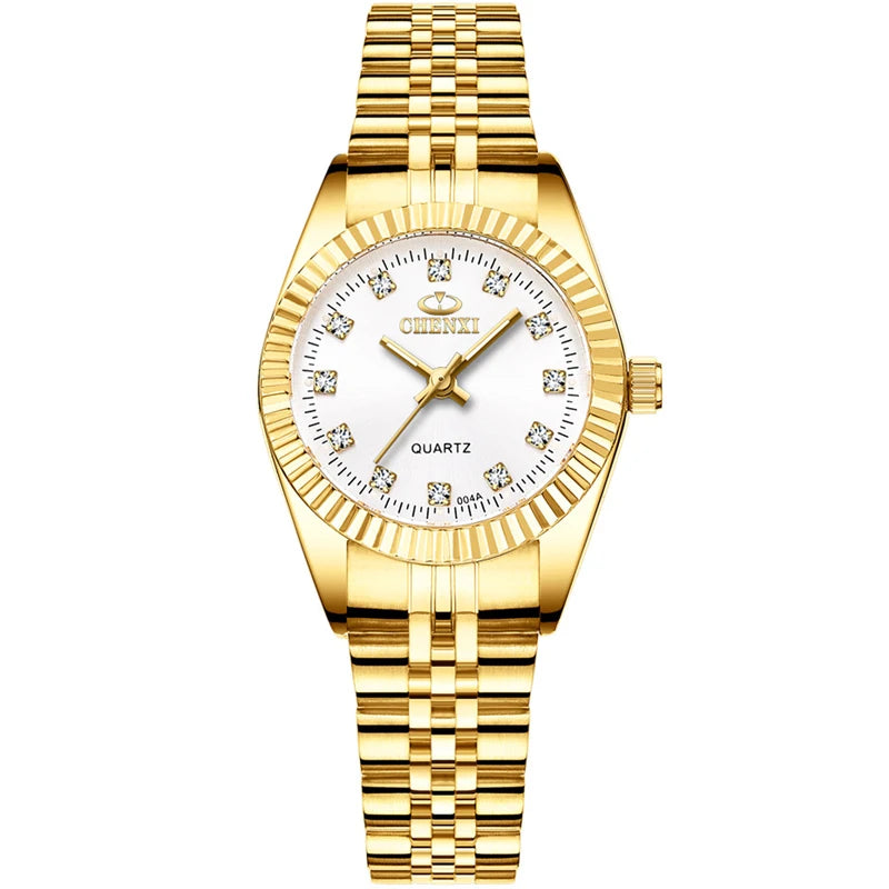 A gold-toned quartz wristwatch with a white dial and diamond accents on a metal bracelet.