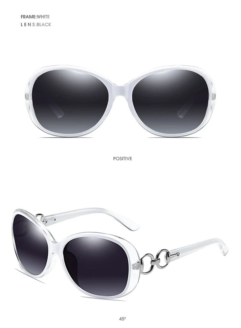 Sonnenbrille mit weißem Rahmen und schwarzer Linse, in Frontal- und Seitenansicht.