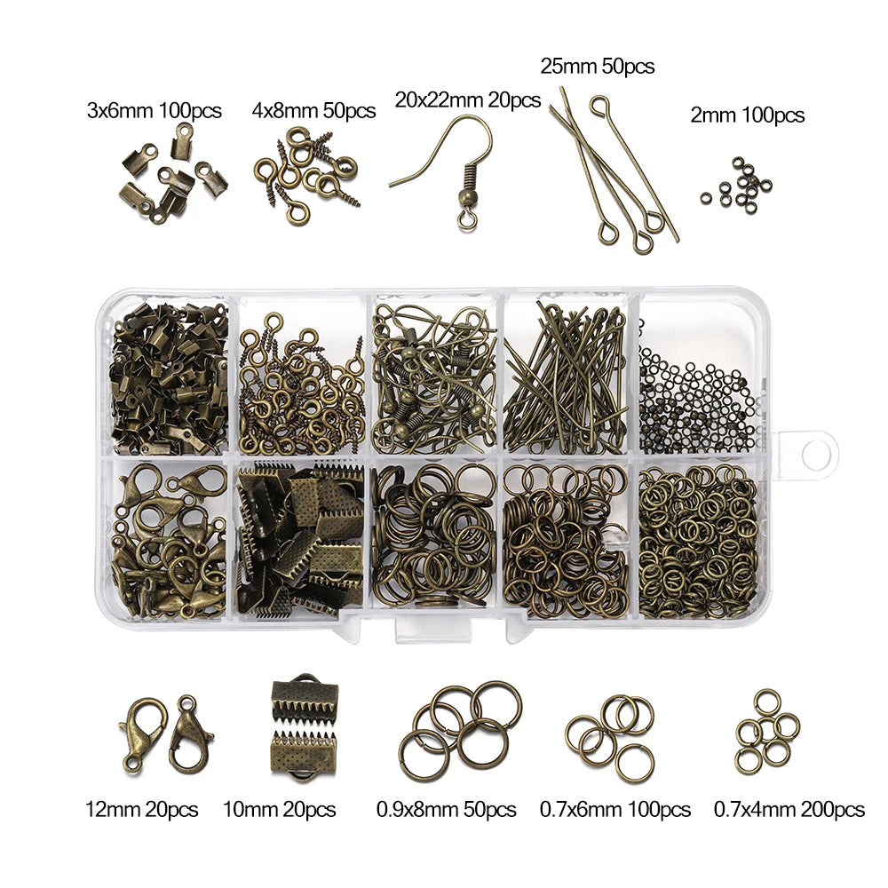 A collection of jewelry findings including clasps, hooks, jump rings, and various sizes in gold-toned metal.