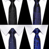 A pair of men's silk jacquard ties in black and blue patterns displayed against a white background.
