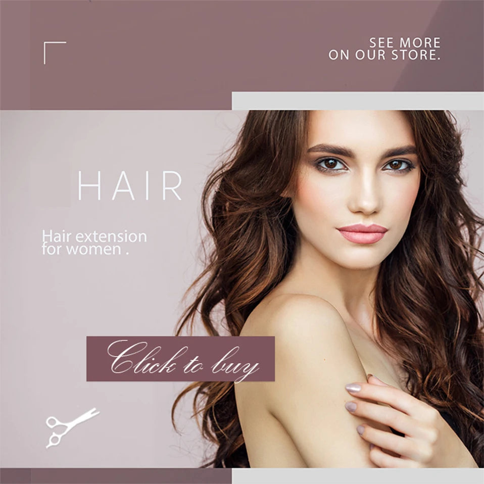 A woman with long, wavy brown hair models 20-inch synthetic invisible wire hair extensions.