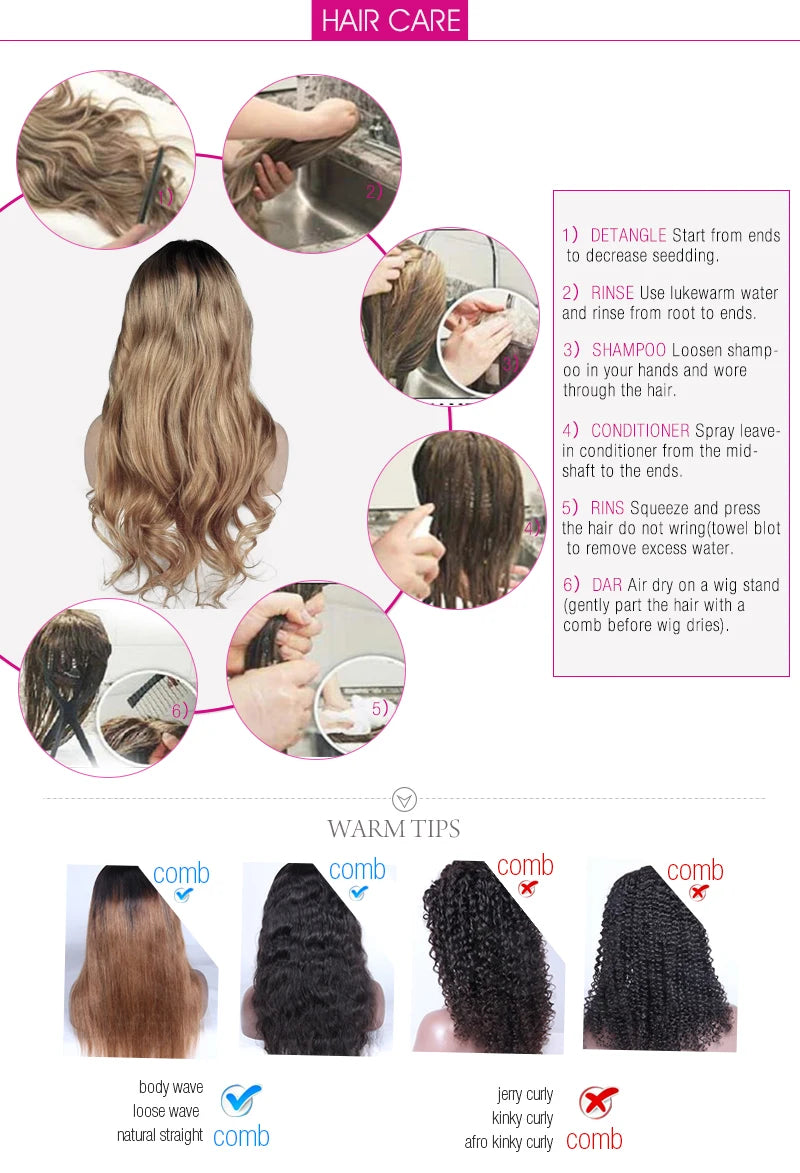 Anleitung zur Pflege einer langen lockigen Ombré-Lace-Frontperücke, einschließlich Tipps zum Entwirren, Ausspülen und Trockne