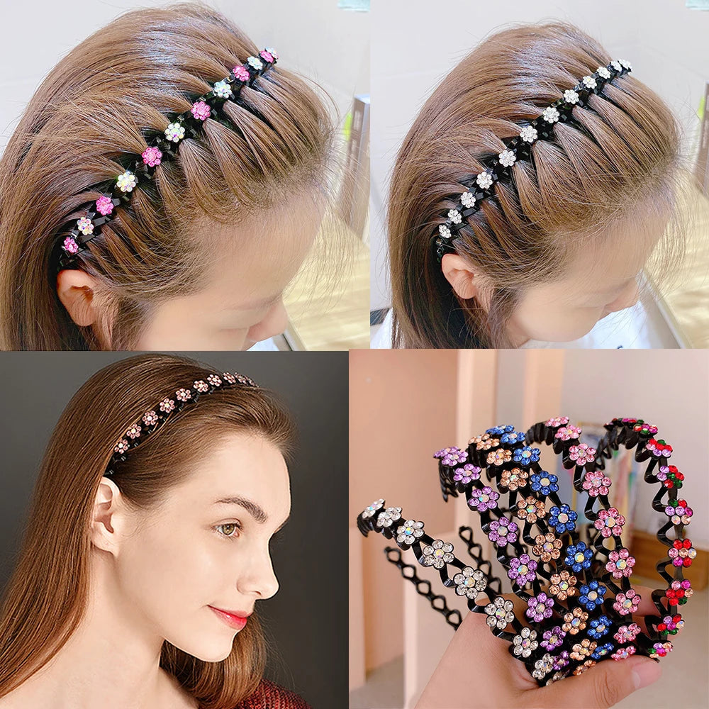 Close-up of a woman wearing sparkling rhinestone elastic hair hoops styled in a braid