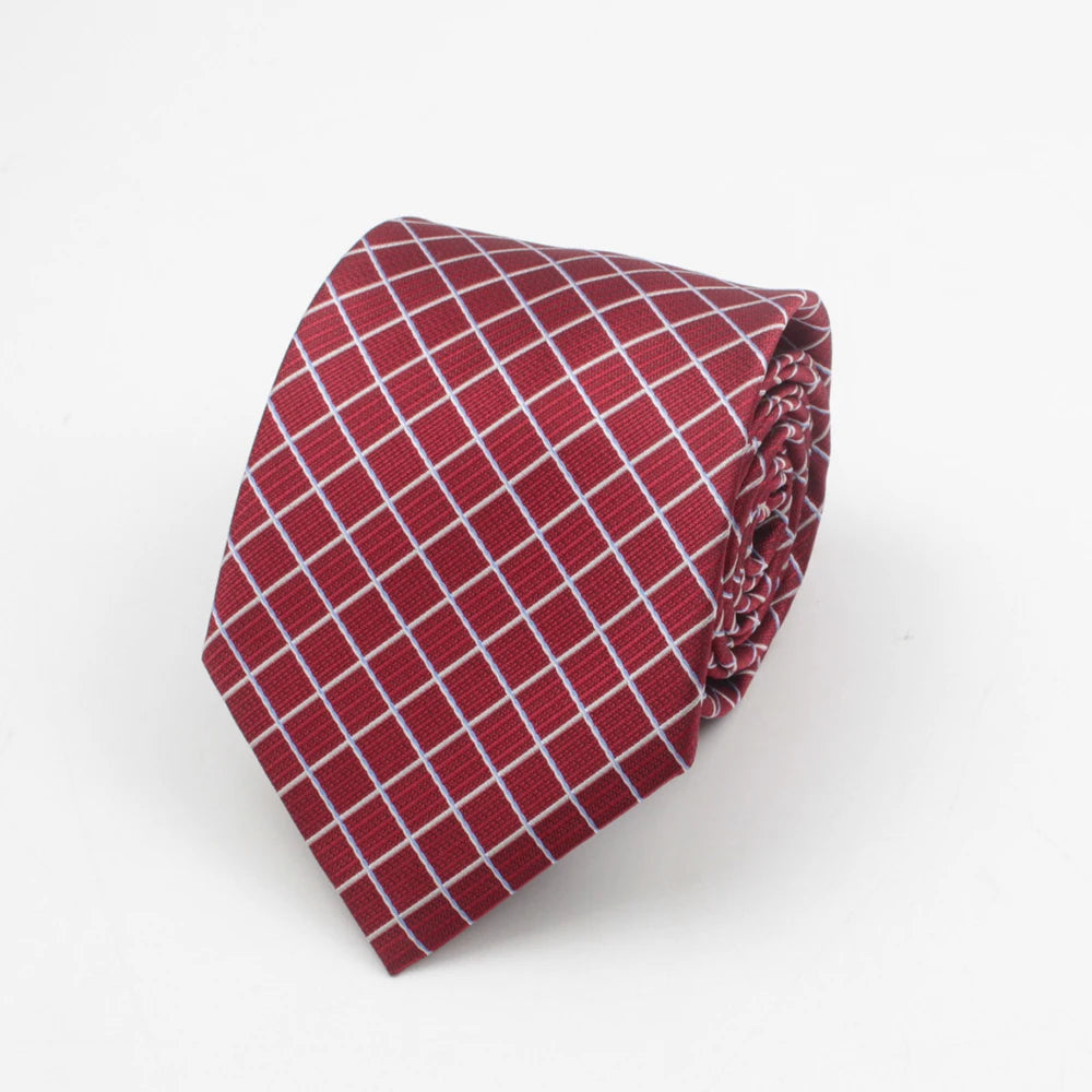 A folded maroon and white checkered necktie for men.