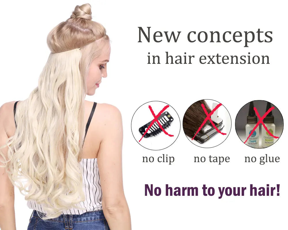 A blonde woman shows off long, wavy hair extensions with a braid and clip on a display background.