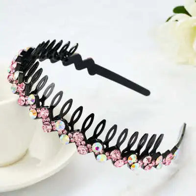 Black anti-slip hairband decorated with pink and clear rhinestones