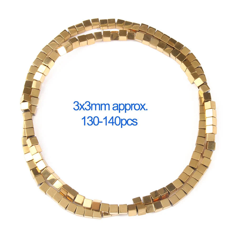 A string of small gold-plated hematite round cube beads for DIY jewelry.