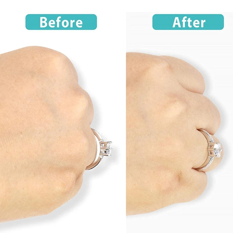 Before and after comparison of a silicone ring size adjuster set on a finger.