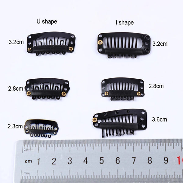 Precision hair extension clips in U and I shapes shown next to a ruler for size reference