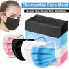 A collection of black, white, and blue disposable face masks stacked in a box.