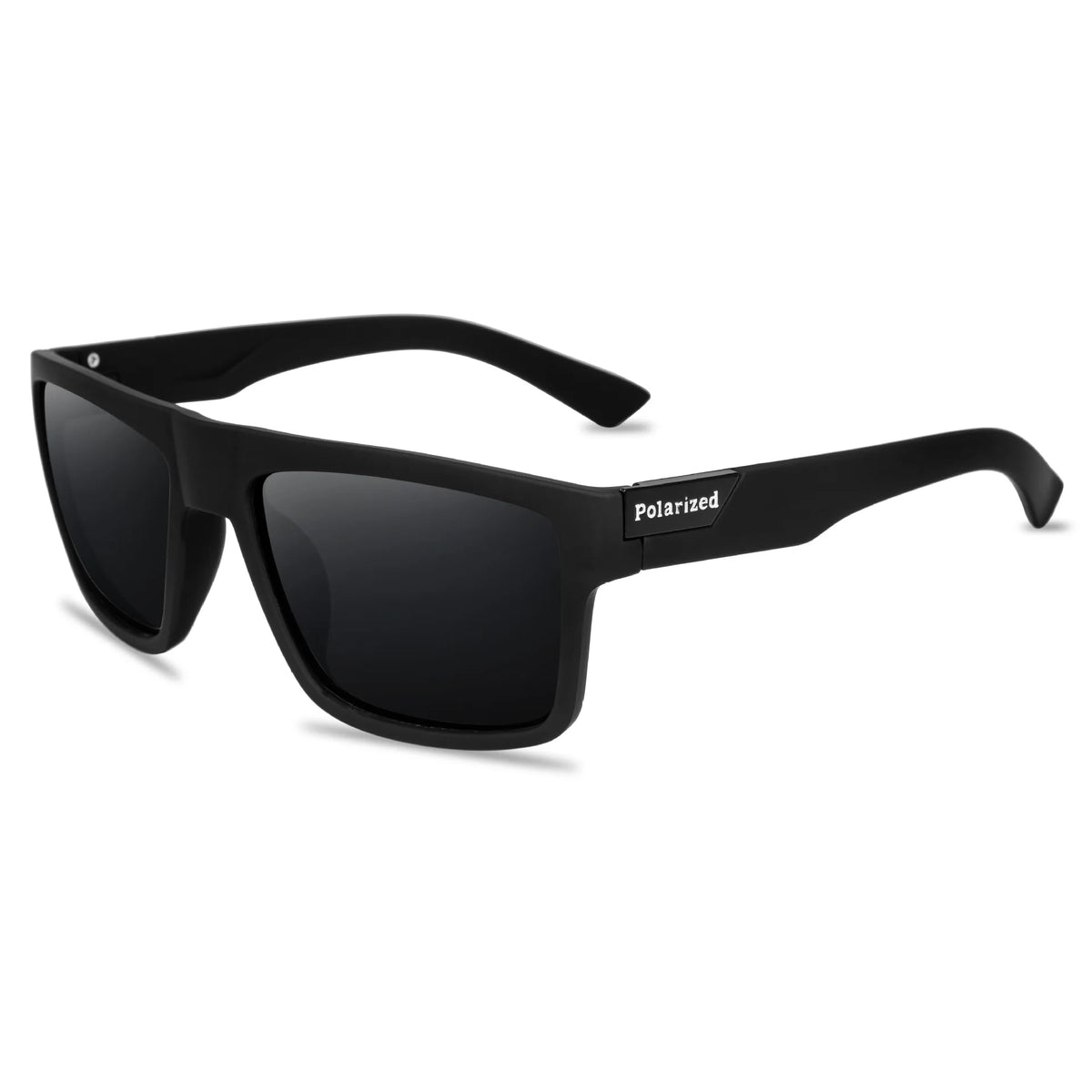 A pair of black polarized sport sunglasses with a flexible arm.