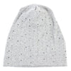 A light gray beanie hat adorned with small silver rhinestones.