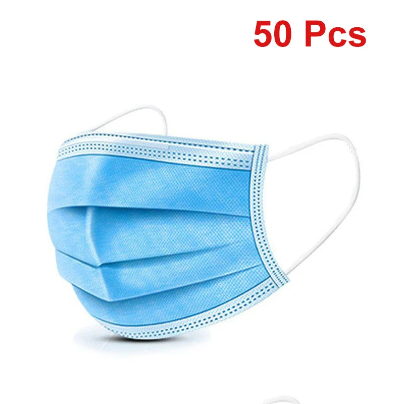 A pack of 50 light blue disposable face masks.