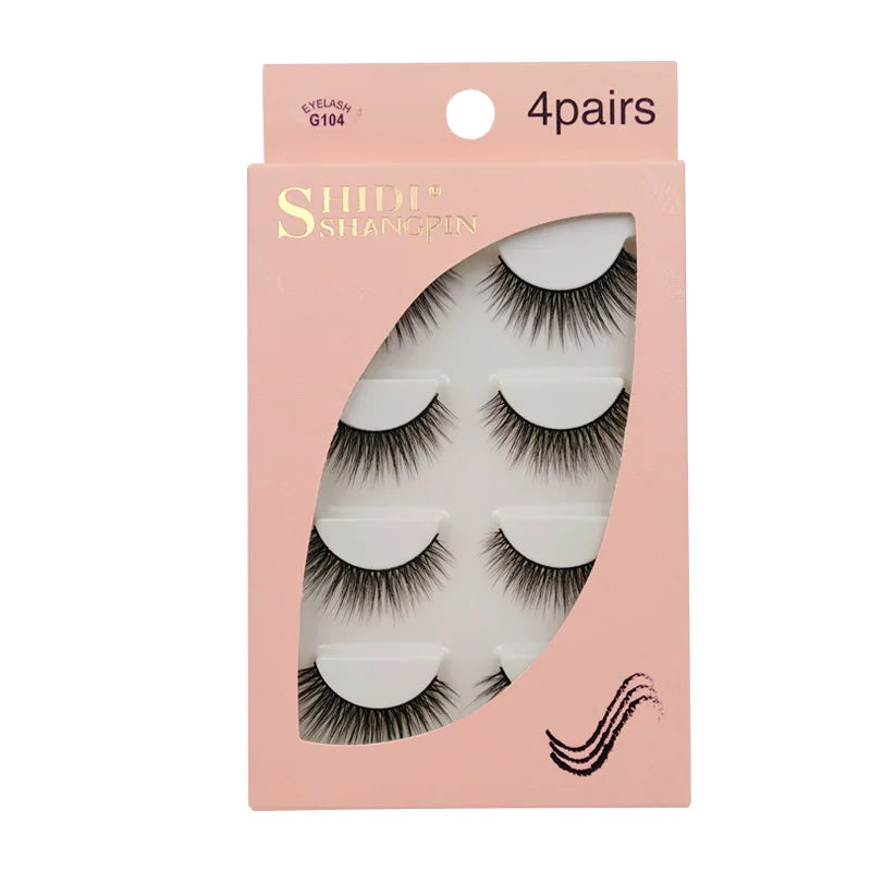 A pink packaging box containing four pairs of handmade mink strip eyelashes.