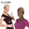 A woman models a beige stretchable nylon wig cap on her head, posing with a thumbs-up gesture.