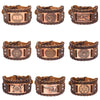 A set of retro leather pirate compass bracelets for men featuring various engraved designs and textures.
