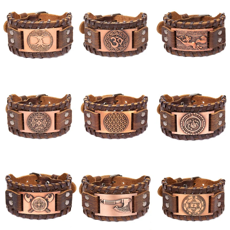 A set of retro leather pirate compass bracelets for men featuring various engraved designs and textures.