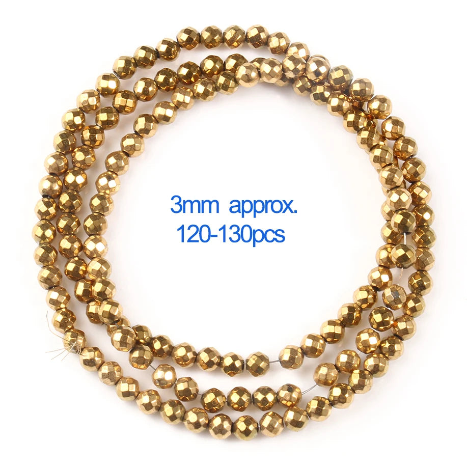 A circular arrangement of small gold-plated hematite round cube beads for DIY jewelry.