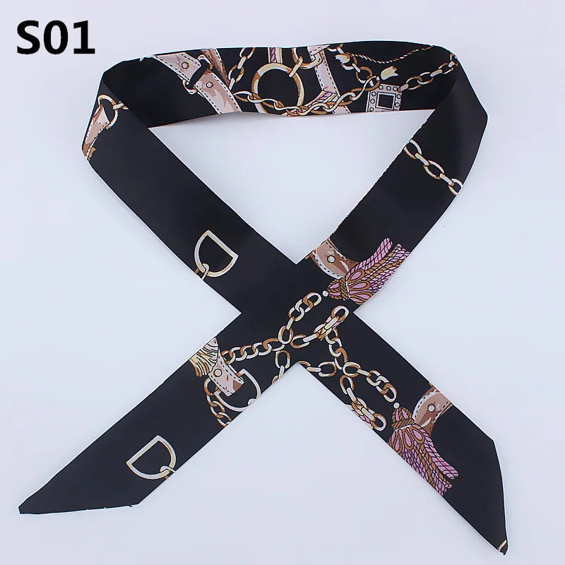Black silk headband scarf with gold and purple chain detailing and leopard print accents