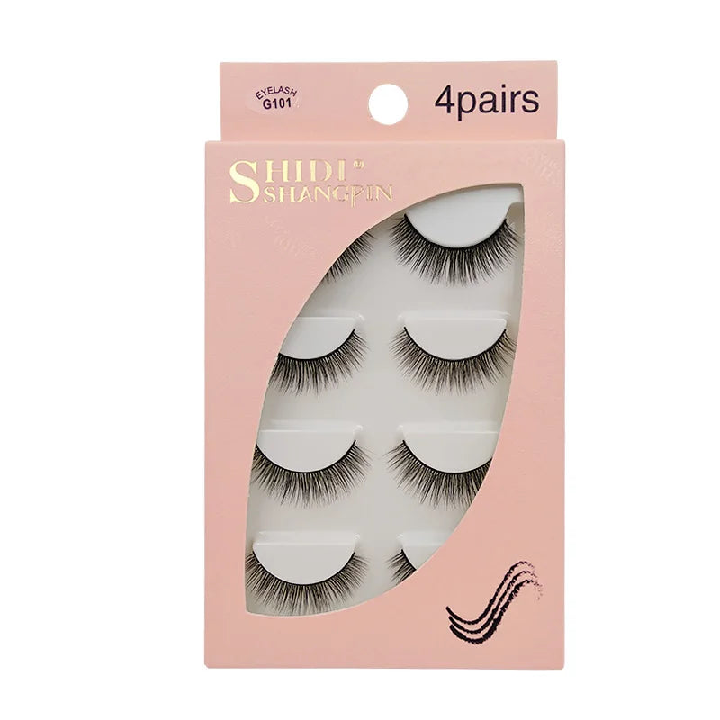 A pink packaging box containing four pairs of Shidi Shanghai mink strip eyelashes.