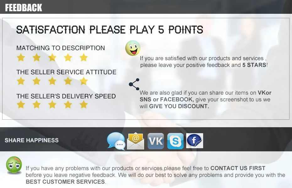 Feedback form asking for 5 points satisfaction on products and services including matching description seller attitude and de