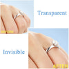 Before and after comparison showing a transparent silicone ring size adjuster set on a finger.